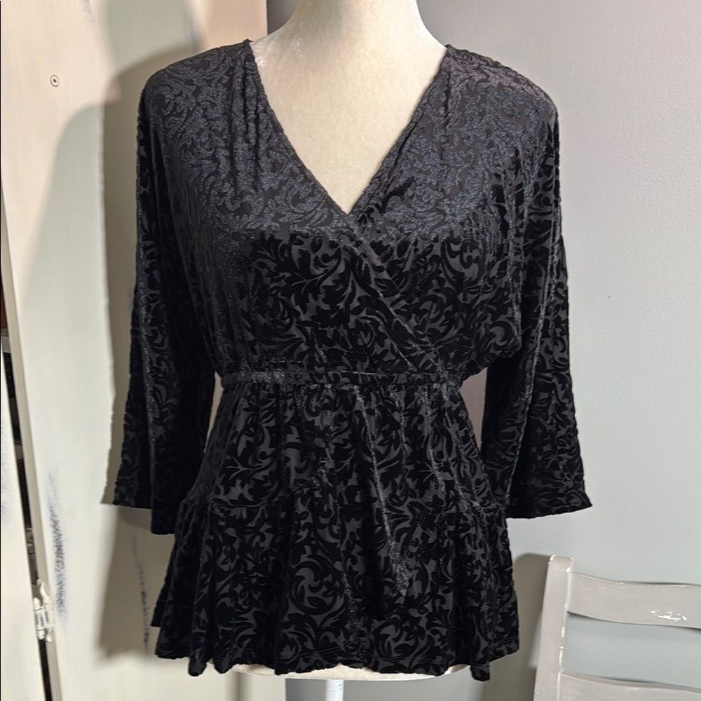 Anthropologie Black 3/4 Sleeve Wrap Peplum Blouse